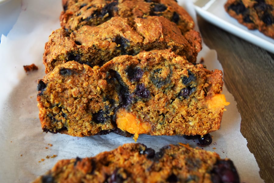 Sweet potato quick bread with blueberries on serving platter | Bucket List Tummy