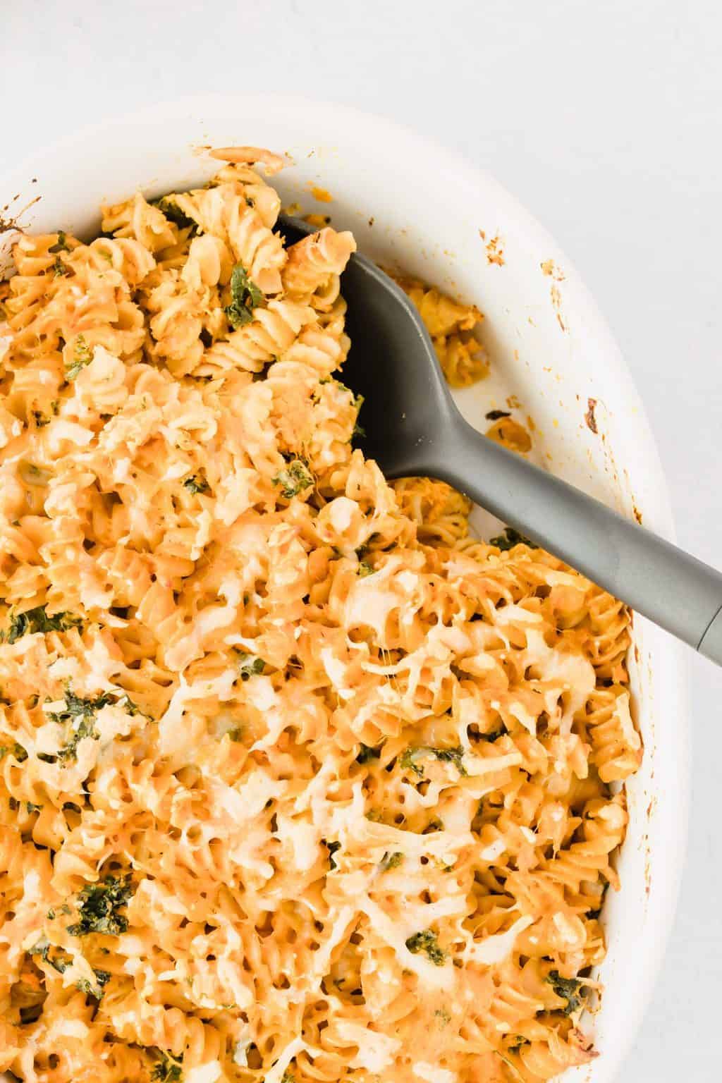 Sweet Potato Mac and Cheese in white serving dish