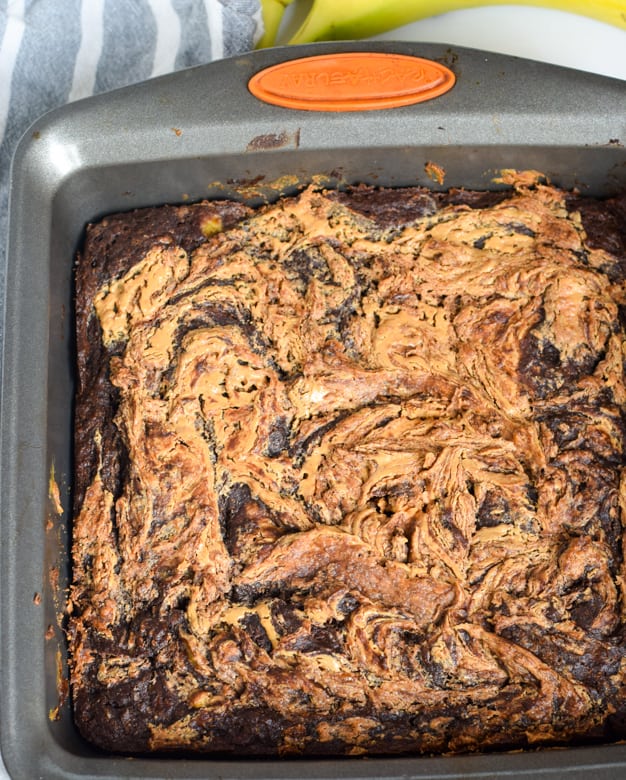 Final mixed shot of healthy vegan brownies in baking pan