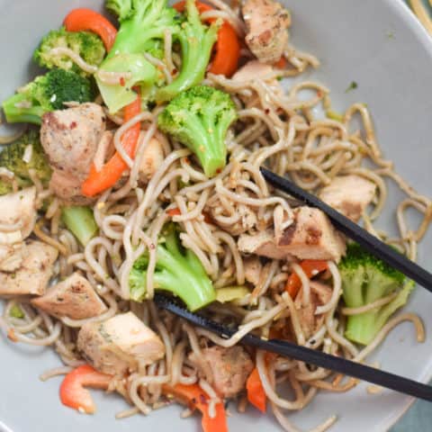 Final dish of stir fry egg noodles with chicken and veggies on serving bowl | Bucket List Tummy