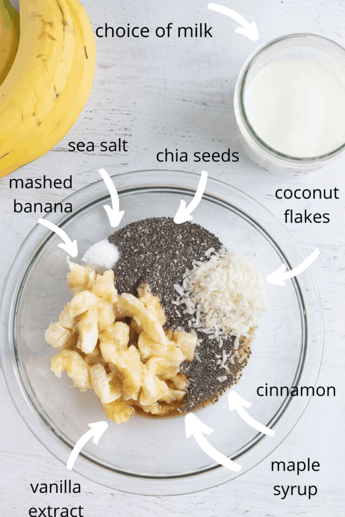 ingredients labeled in a bowl for banana chia seed pudding 