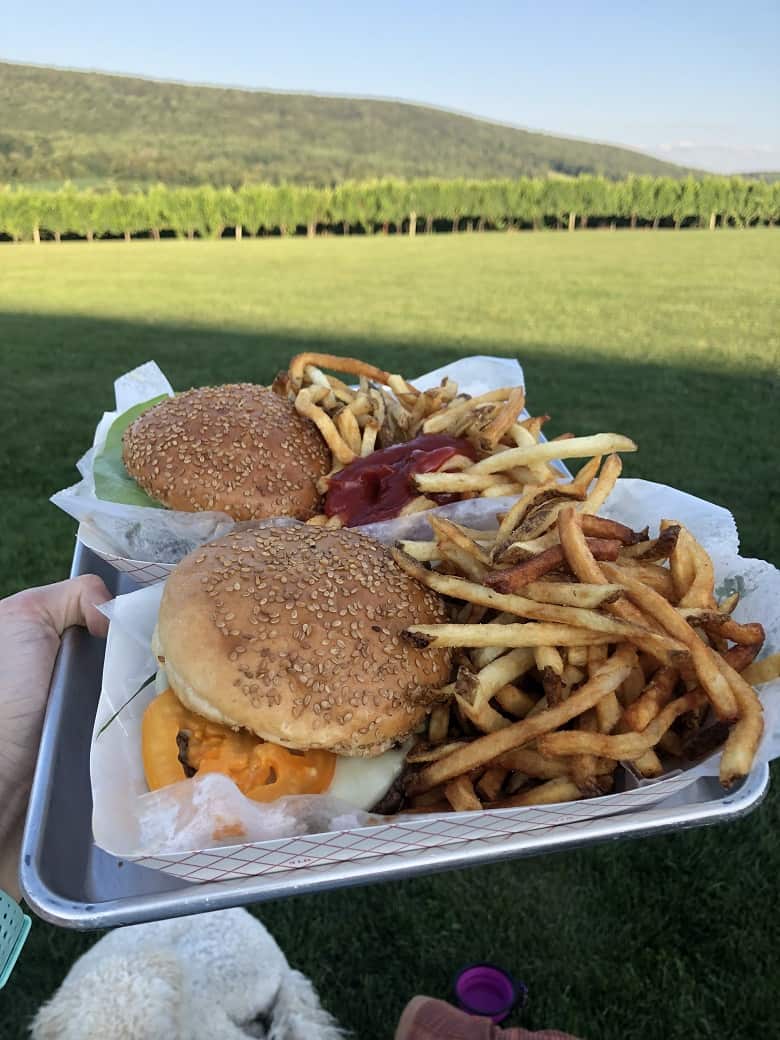 Cheese burgers with fries at a vineyard