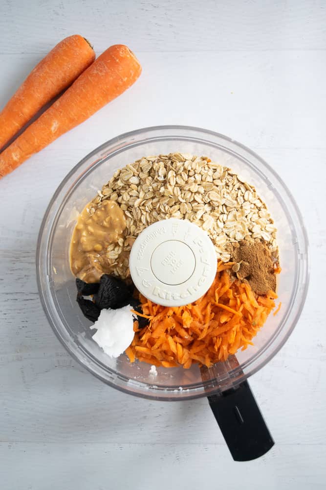 oats, carrots, ginger, dates, coconut oil and peanut butter in food processor