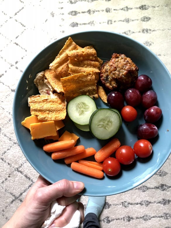 snack plate with fruits, veggies, chips