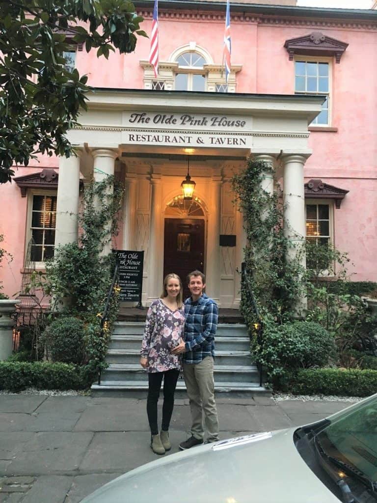 photo of couple in front of Olde Pink House in Savannah