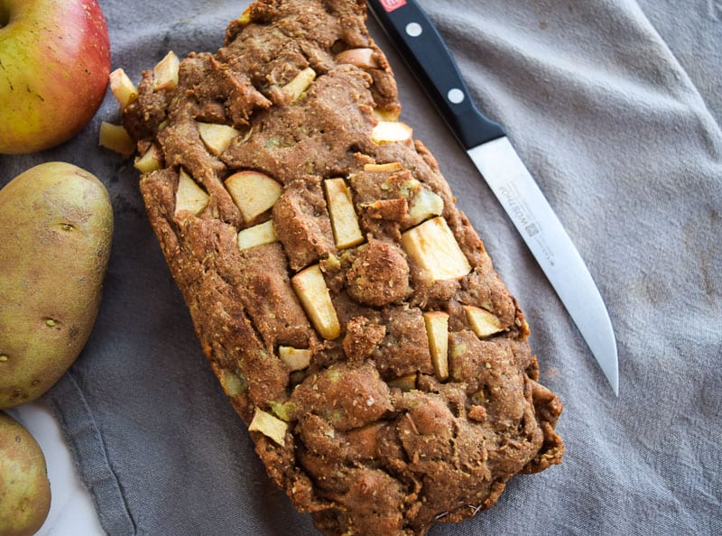 Apple potato bread loaf on gray napkin 