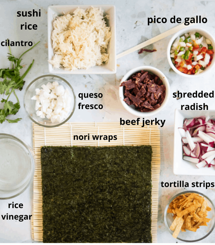 Ingredients listed for Taco Beef Sushi on bamboo mat