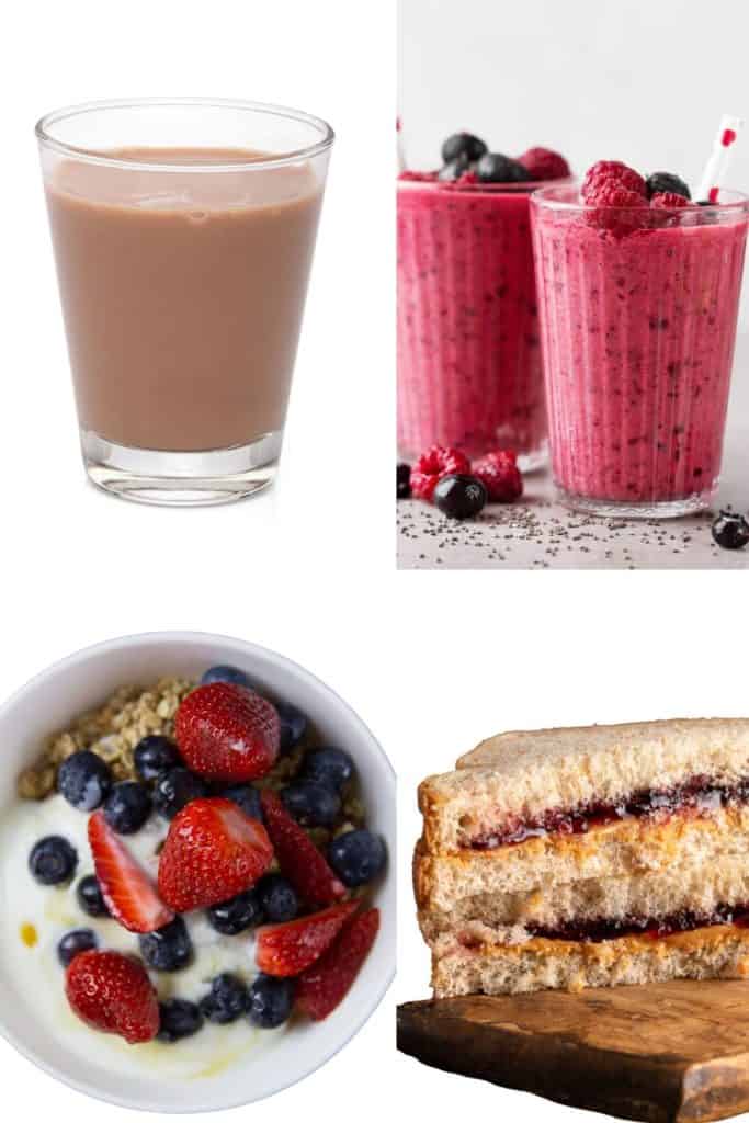 healthy postworkout meals for teenage athletes, including chocolate milk, smoothie, pb&j and greek yogurt