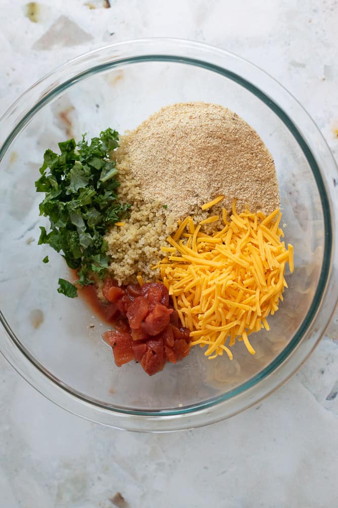 ingredients in clear bowl for toddler quinoa bites