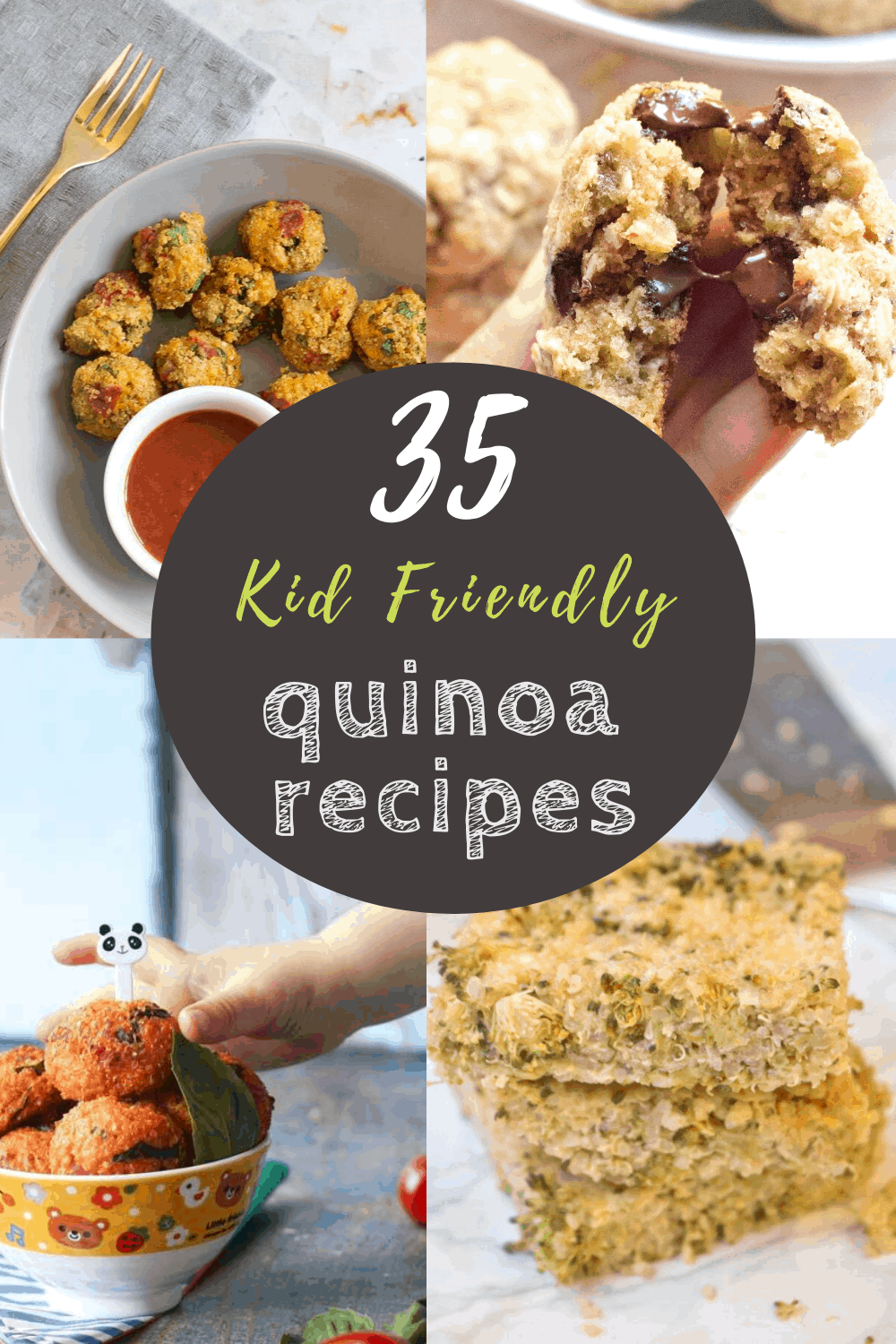 grid with 4 photos of quinoa recipes for kids with text overlay