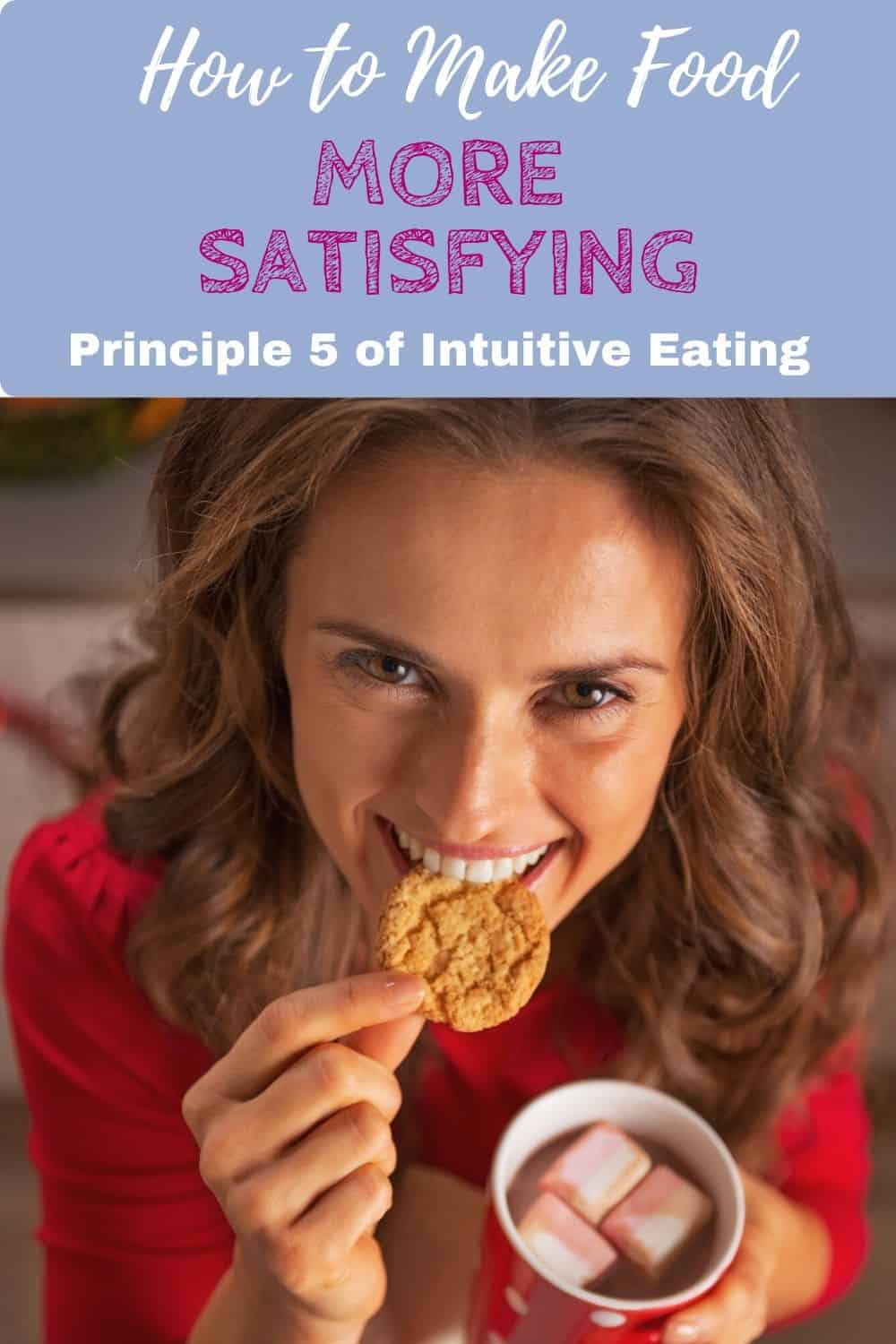 Girl eating cookie while smiling with text overlay