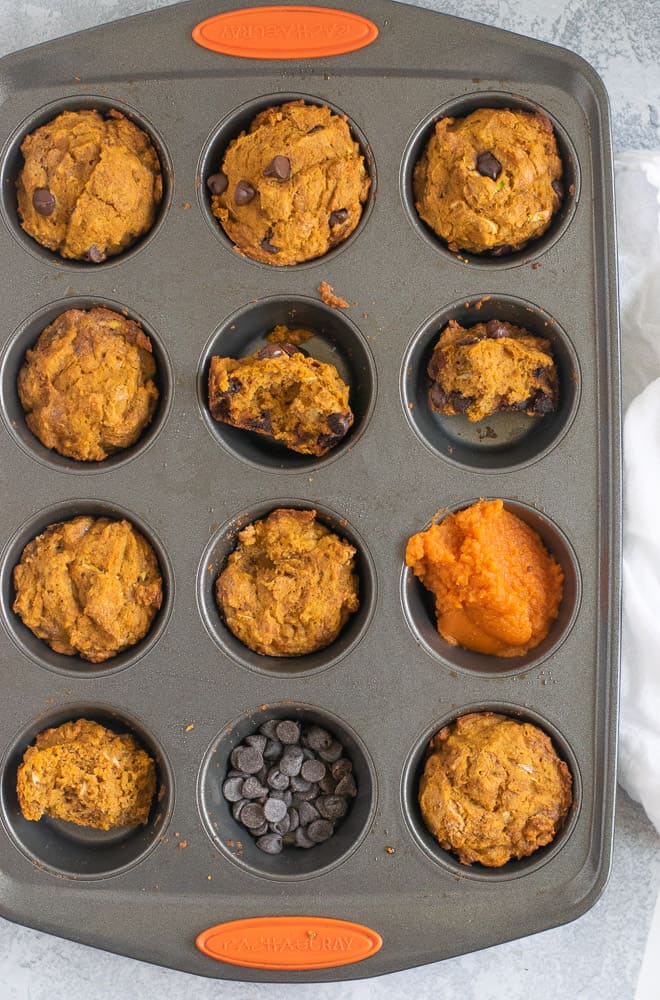 whole wheat pumpkin muffins in muffin tin with chocolate chips