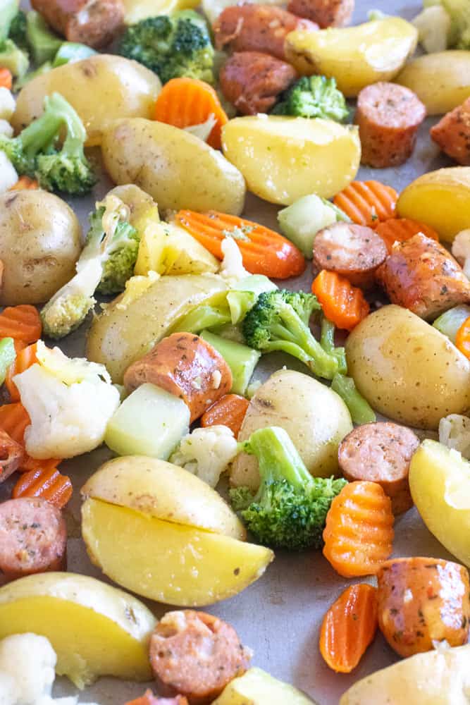 chicken apple sausage sheet pan dinner with potatoes and frozen veggies