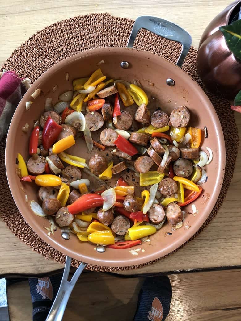 skillet with chicken sausage and vegetables