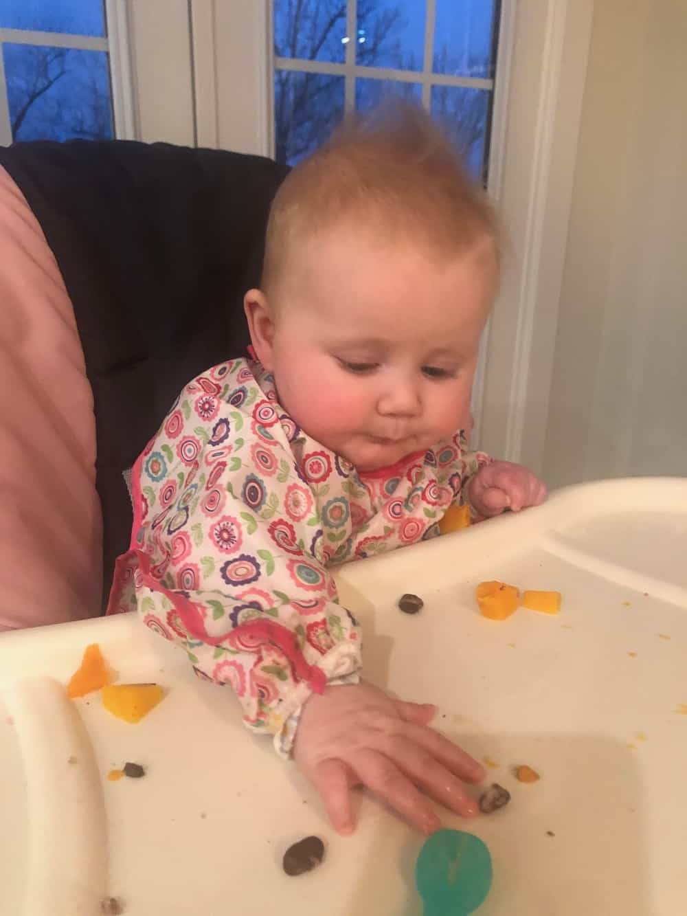 baby wearing long sleeved bib eating solids at high chair