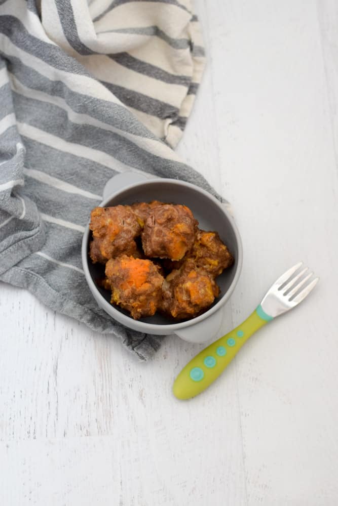 4 ingredient baby meatballs recipe in gray serving bowl