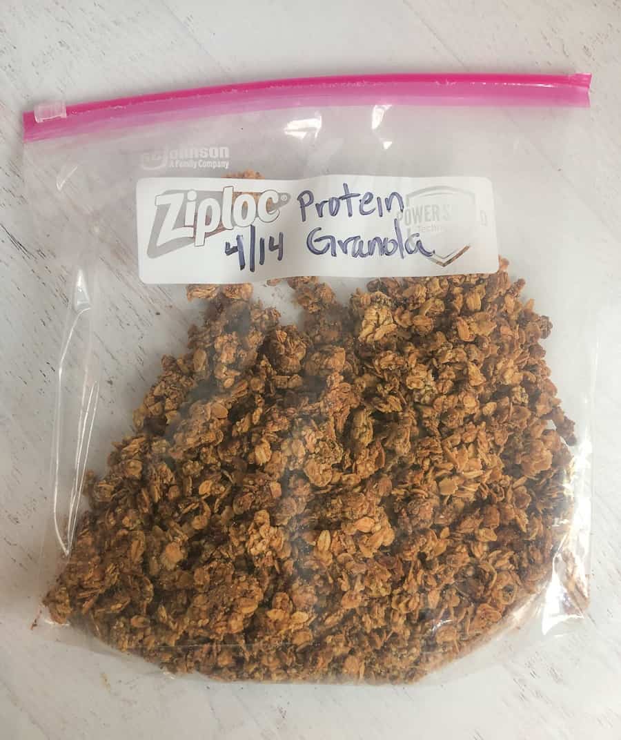 Homemade protein granola in ziplock bag for freezing