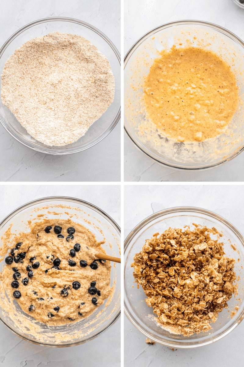 collage of step by step mixing photos for making gluten free muffins