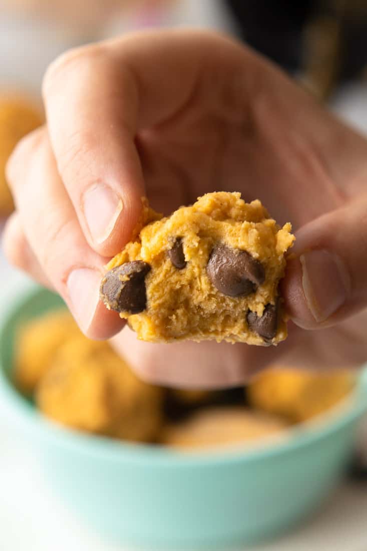 no bake cookie dough bites with chocolate chips with bite taken out
