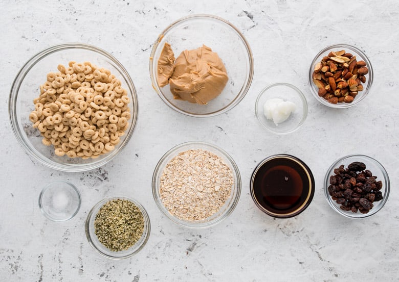 ingredients in small bowls for peanut butter cheerio bars