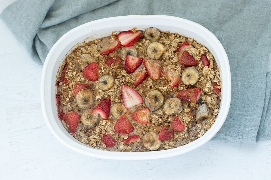 baked oatmeal topped with strawberries and banana